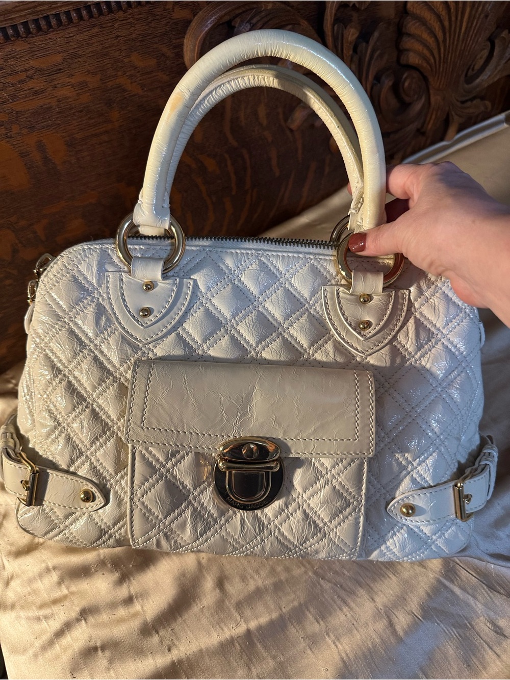 Marc Jacobs Quilted White Satchel Handbag with Gold Hardware